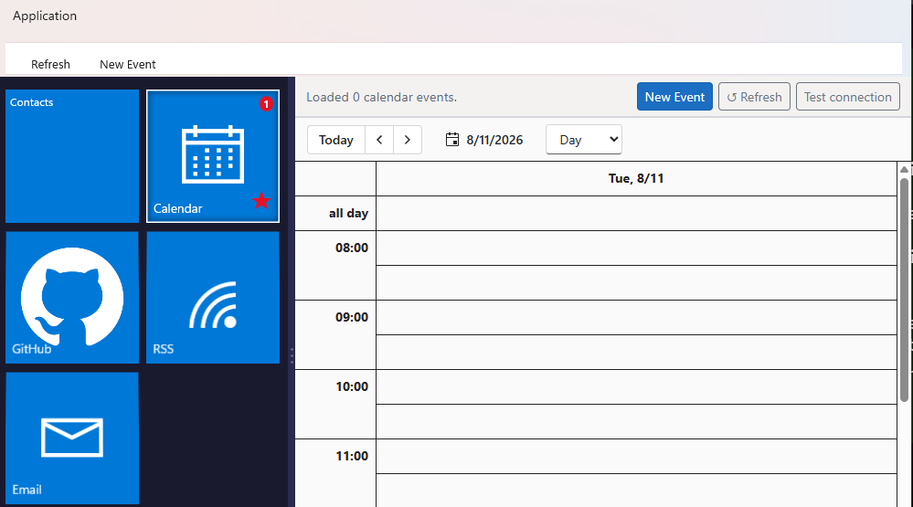 DayFrame prototype showing the live tile navigation rail with Calendar, Contacts, and Email tiles beside a calendar day view