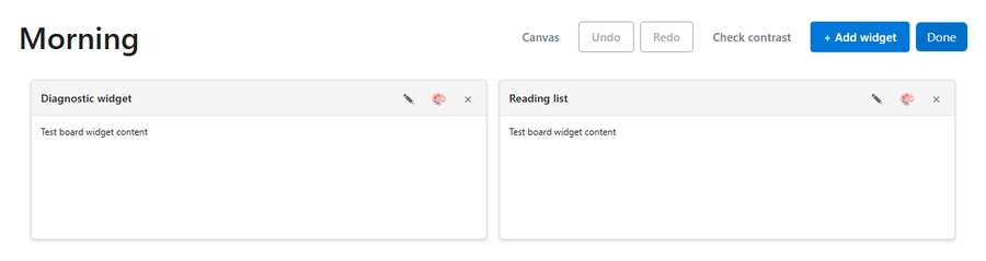 A DayFrame board in edit mode, with Undo, Redo, Check contrast, and Add widget controls above two renameable widgets