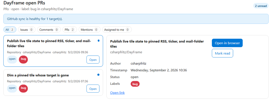 DayFrame's GitHub module showing an open-PR list with labels next to a detail pane for a pull request