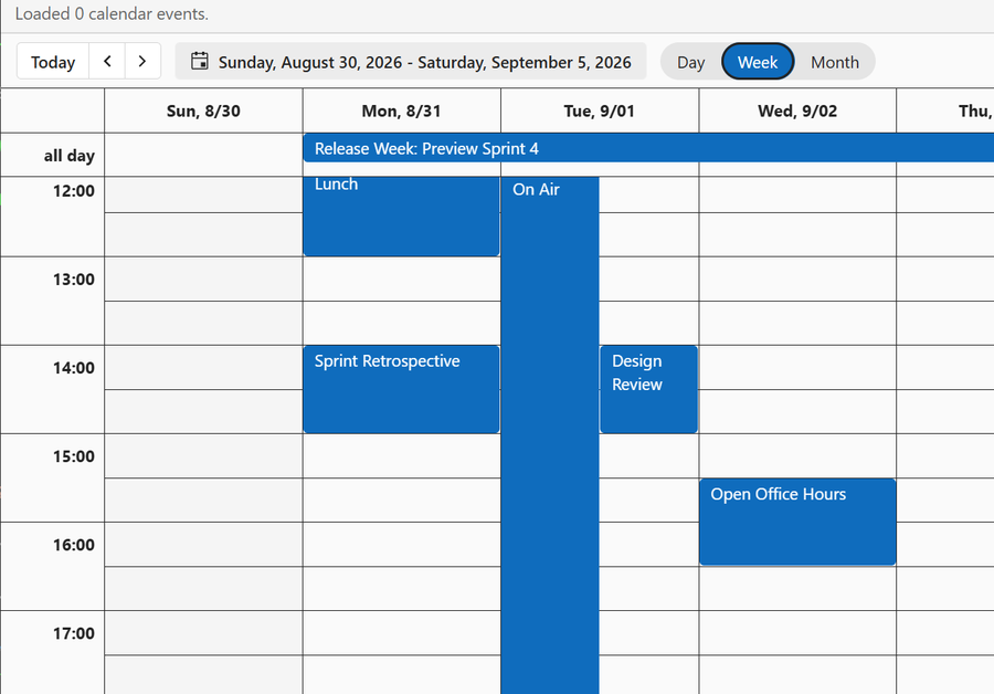DayFrame's Calendar module showing a week view with sample events