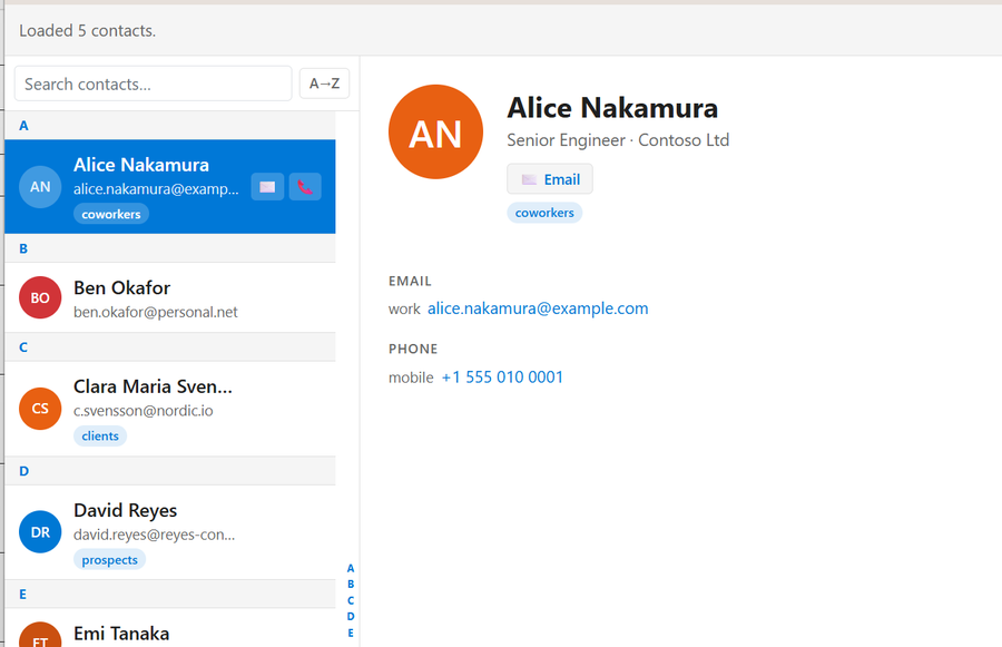 DayFrame's Contacts module showing a sample contact list next to a contact detail card