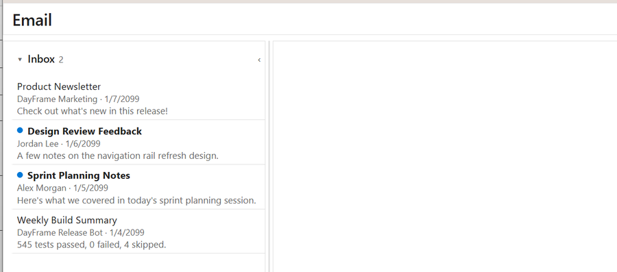 DayFrame's Email module showing an inbox list with sample messages next to an empty reading pane