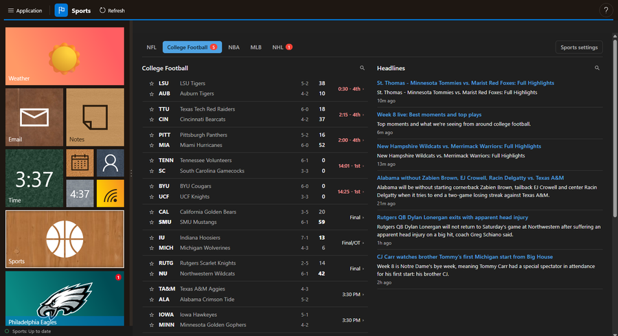 DayFrame's Sports module showing live college football scores beside a column of headlines