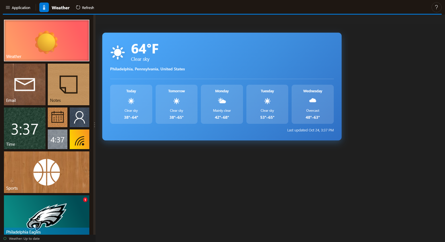 A DayFrame tile rail in a mix of sizes and materials - sunset gradient, leather, kraft paper, chalkboard, cork, denim, brushed metal and wood grain - beside the Weather module's Philadelphia forecast